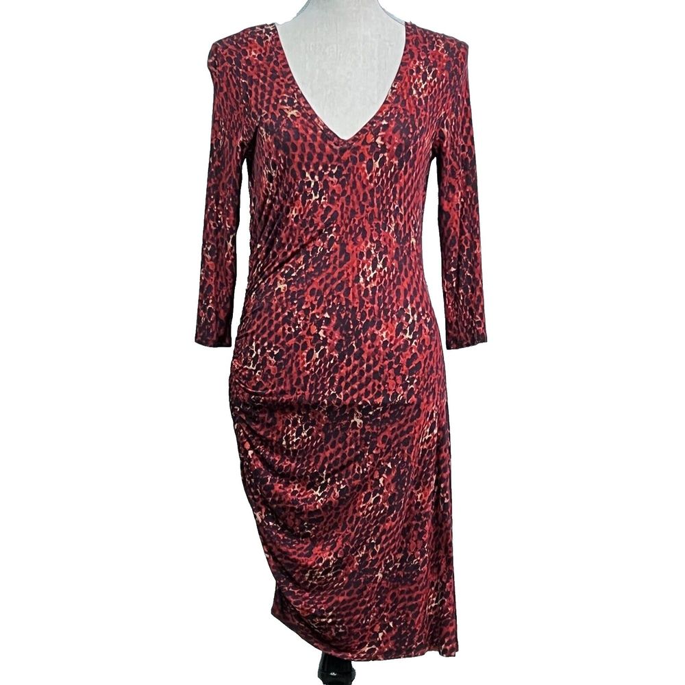 Asymmetrical Ruched Dress Body Con Three Dots Red Leopard Print Jersey Size Med